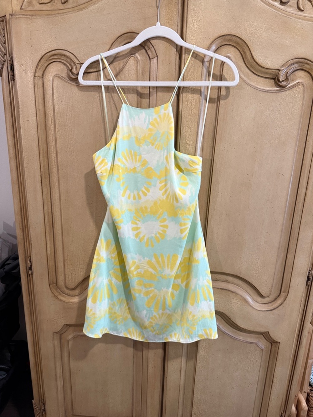 Light green and yellow patterned halter top silk dress